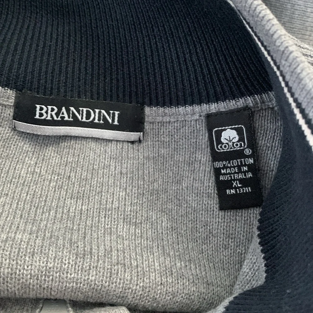 Brandini Men's 100% Cotton XL Gray Knit Sweater 1/4 Zip Pullover Navy Trim EUC